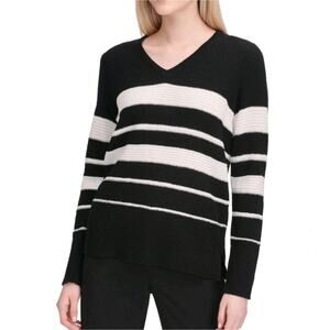 Calvin Klein V Neck Long Sleeve Stripe Black and White Pullover Sweater Size M